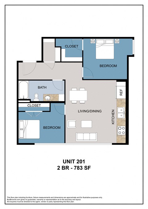 Floor plan for 2 beds, 1 bath, 747 sqft